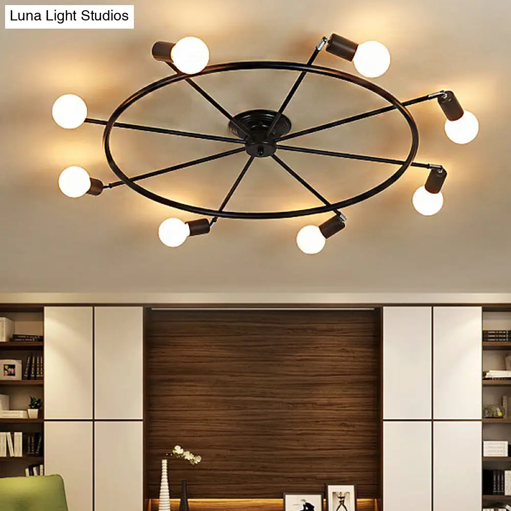 Traditional Metal Semi Flush Ceiling Light with 8 Black Wheel-Shaped Lights - Perfect for Living Room