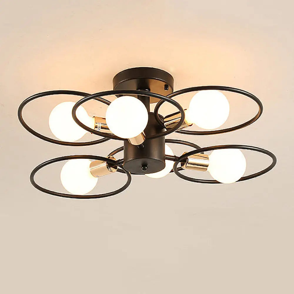 Traditional Metal Semi-Mount Ceiling Light Fixture, Ring Bedroom Lighting, 3/6/9 Lights, Black