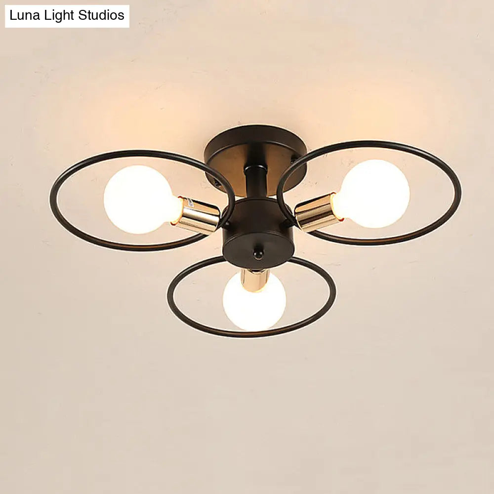 Traditional Metal Semi-Mount Ceiling Light Fixture, Ring Bedroom Lighting, 3/6/9 Lights, Black