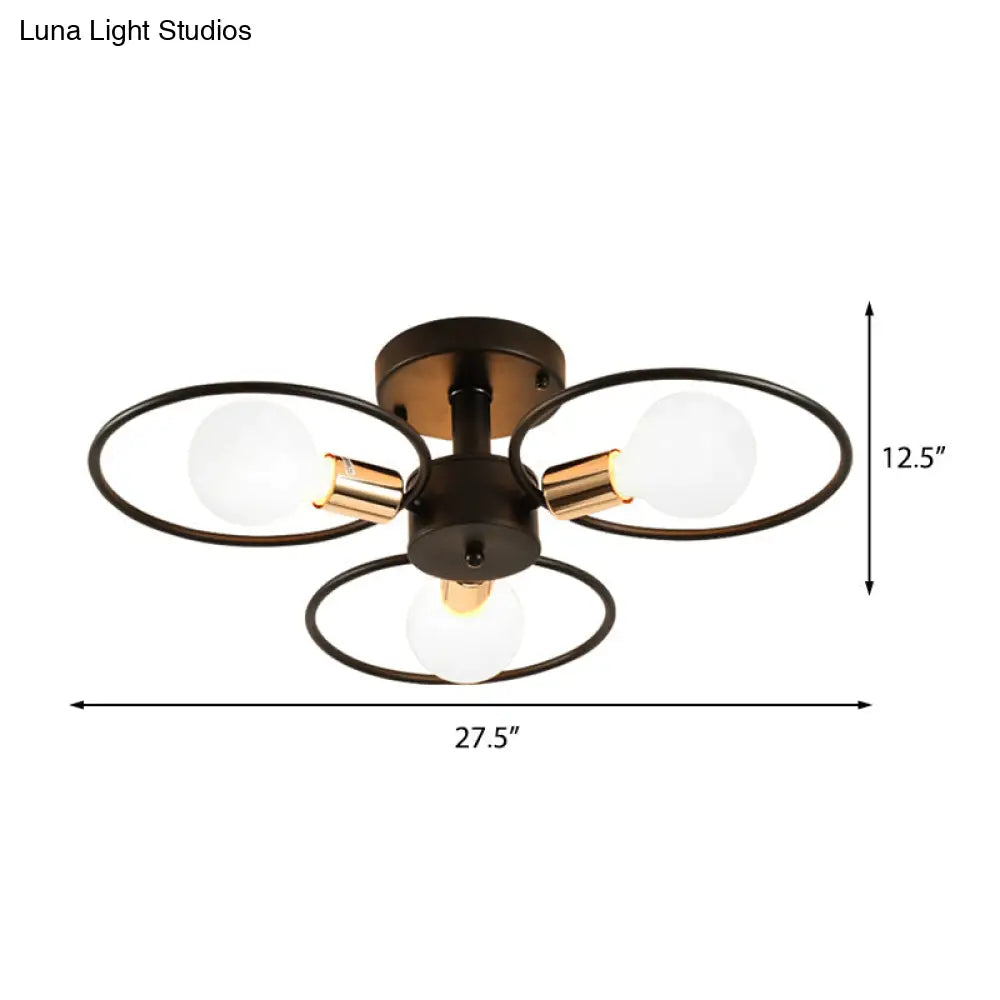 Traditional Metal Semi-Mount Ceiling Light Fixture, Ring Bedroom Lighting, 3/6/9 Lights, Black