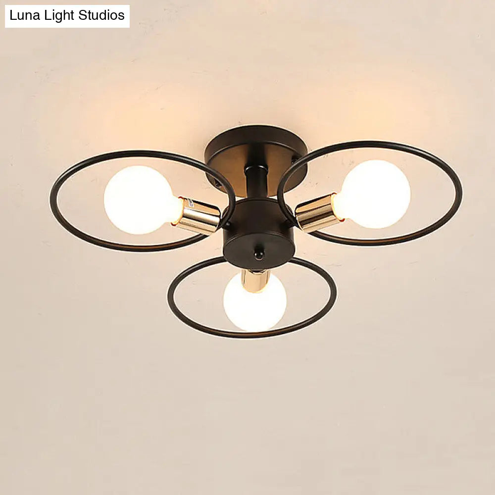 Traditional Metal Semi-Mount Ceiling Light Fixture, Ring Bedroom Lighting, 3/6/9 Lights, Black