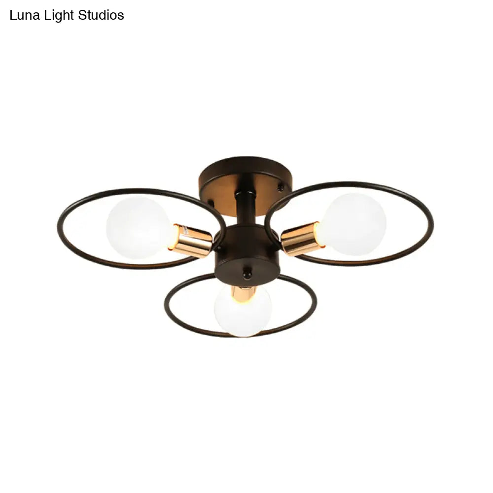 Traditional Metal Semi-Mount Ceiling Light Fixture, Ring Bedroom Lighting, 3/6/9 Lights, Black