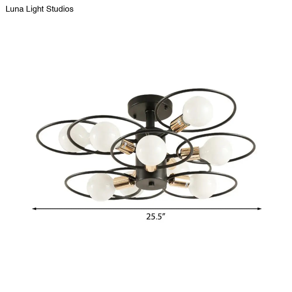 Traditional Metal Semi-Mount Ceiling Light Fixture, Ring Bedroom Lighting, 3/6/9 Lights, Black