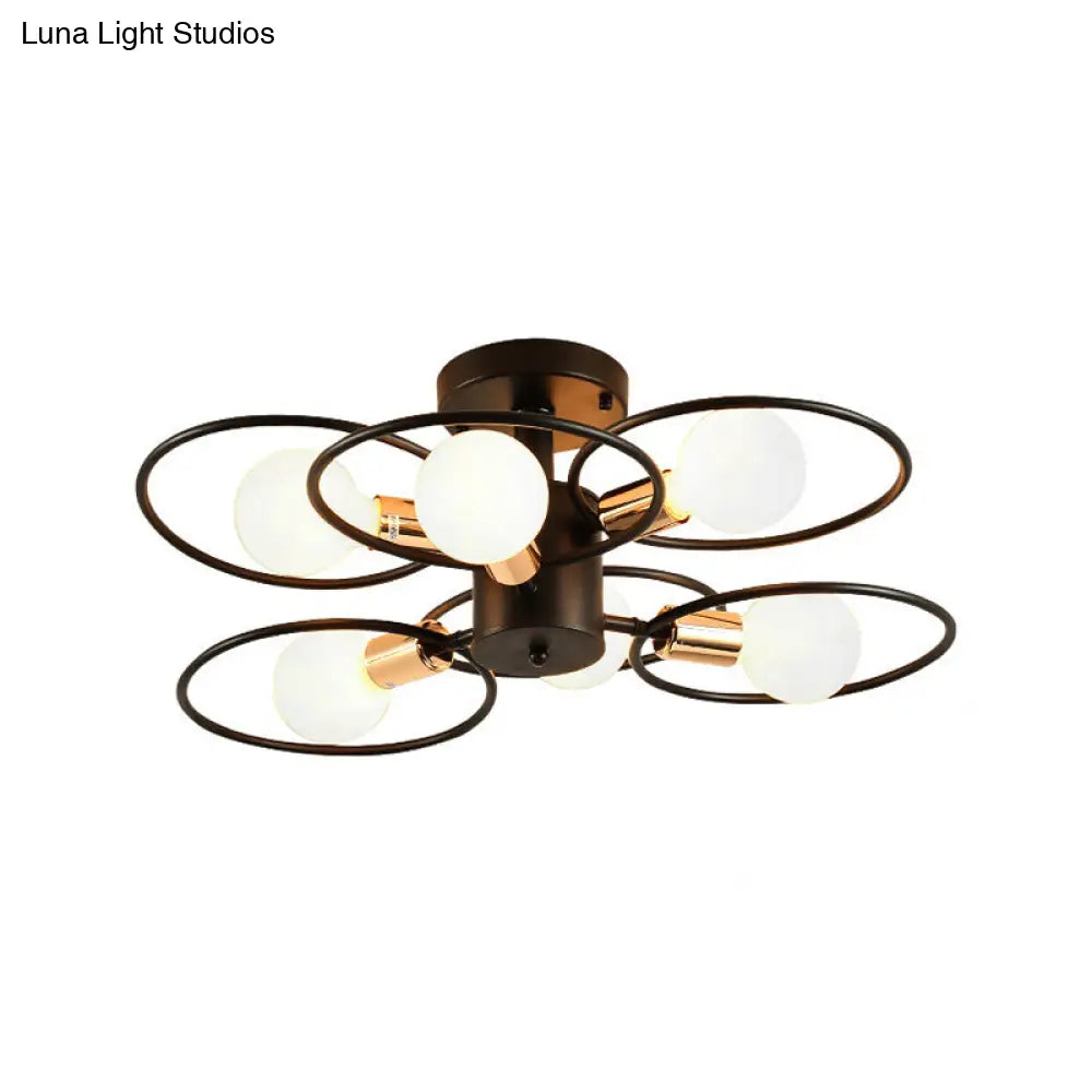 Traditional Metal Semi-Mount Ceiling Light Fixture, Ring Bedroom Lighting, 3/6/9 Lights, Black