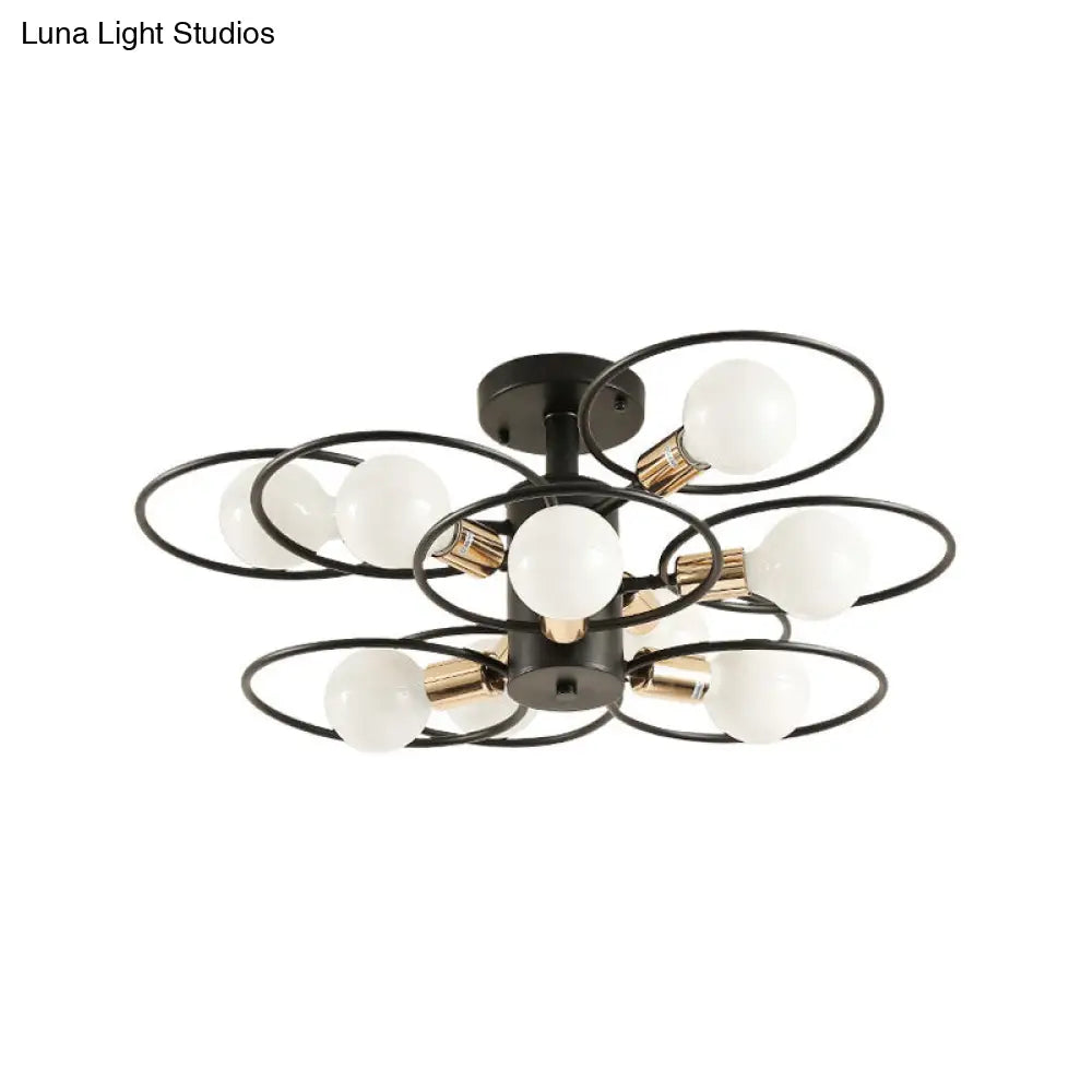 Traditional Metal Semi-Mount Ceiling Light Fixture, Ring Bedroom Lighting, 3/6/9 Lights, Black
