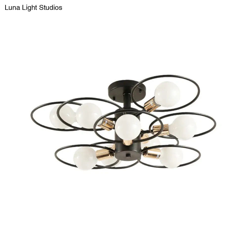Traditional Metal Semi-Mount Ceiling Light Fixture, Ring Bedroom Lighting, 3/6/9 Lights, Black