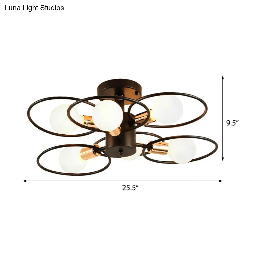 Traditional Metal Semi-Mount Ceiling Light Fixture, Ring Bedroom Lighting, 3/6/9 Lights, Black