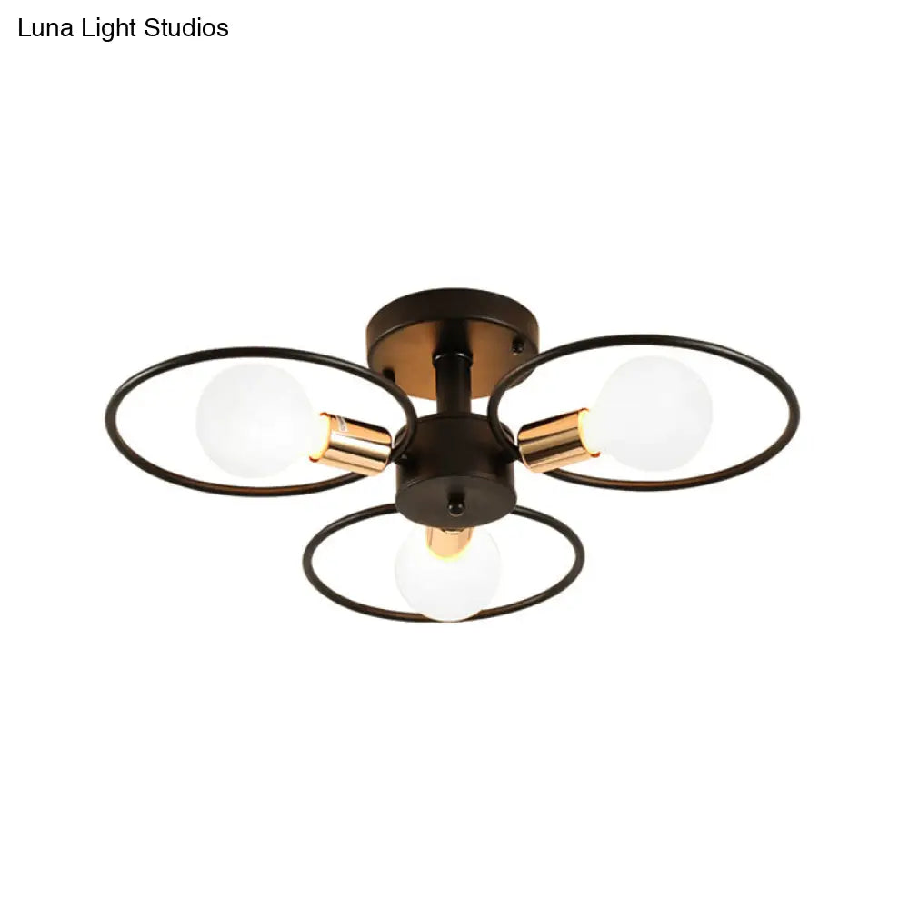 Traditional Metal Semi-Mount Ceiling Light Fixture, Ring Bedroom Lighting, 3/6/9 Lights, Black