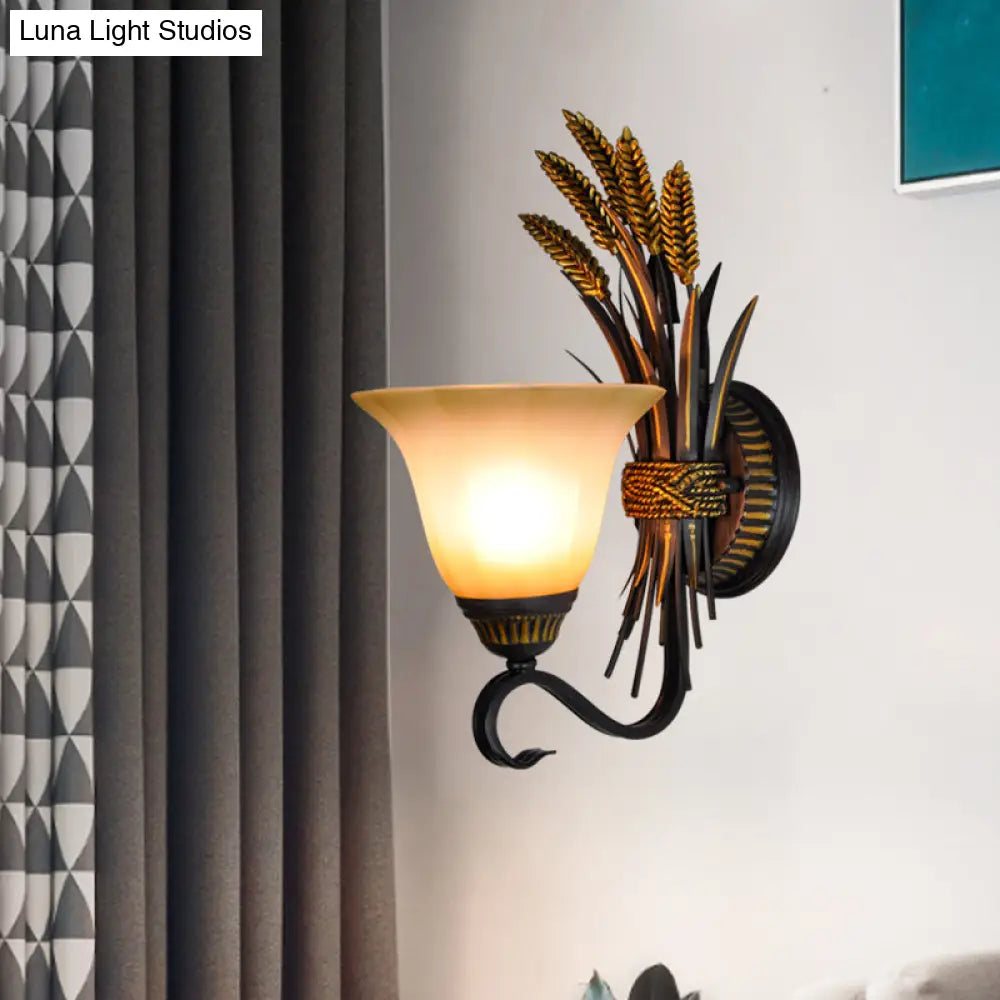 Traditional Milk Glass Brass Sconce Lamp, Wall Mounted Wheat Spike Decor, Flared Design - 1 Head Wall Light