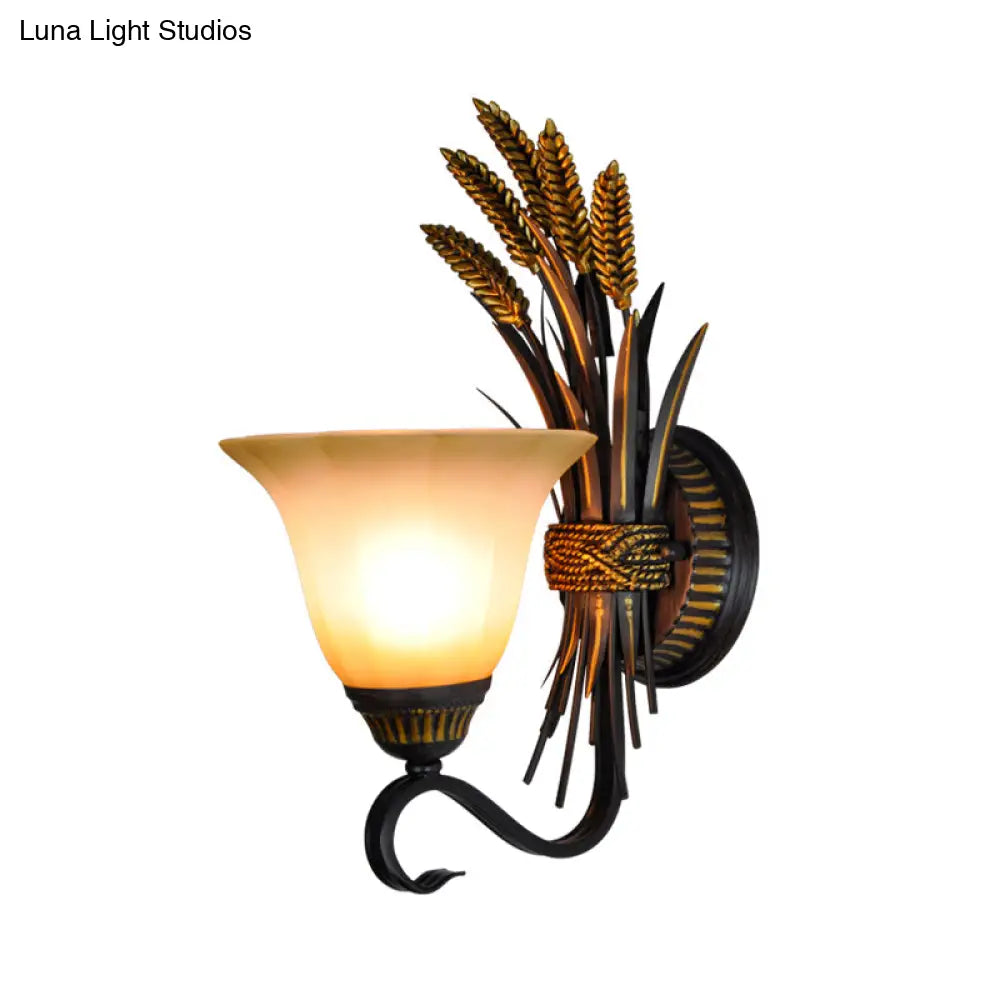 Traditional Milk Glass Brass Sconce Lamp, Wall Mounted Wheat Spike Decor, Flared Design - 1 Head Wall Light