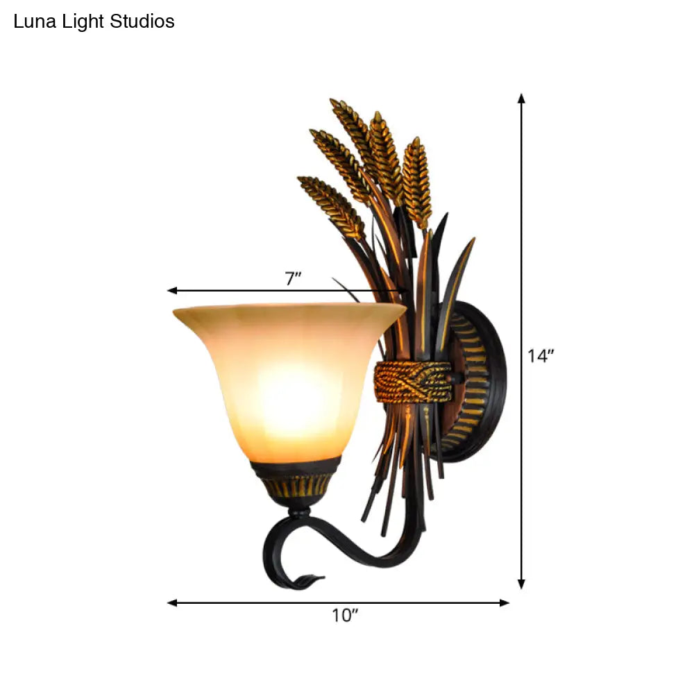 Traditional Milk Glass Brass Sconce Lamp, Wall Mounted Wheat Spike Decor, Flared Design - 1 Head Wall Light