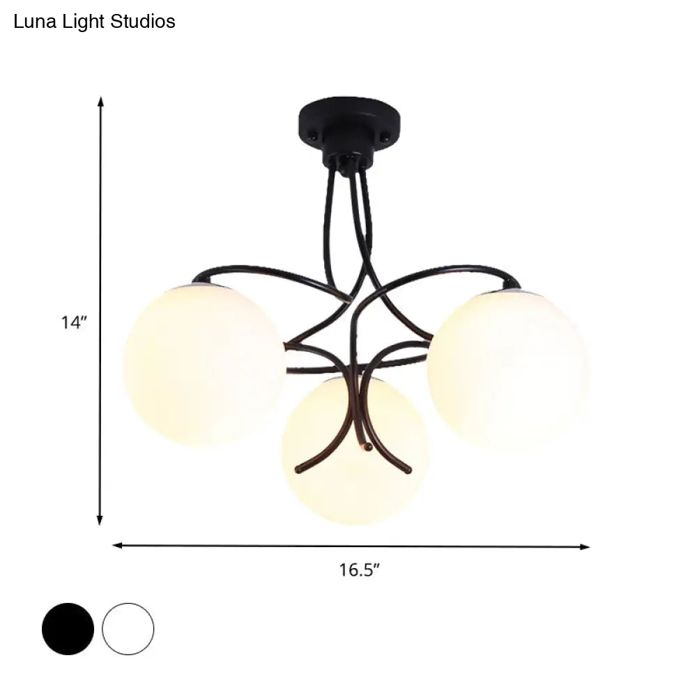 Traditional Milky Glass Semi Flush Ceiling Lamp - Black/White, 3/5 Lights for Living Room