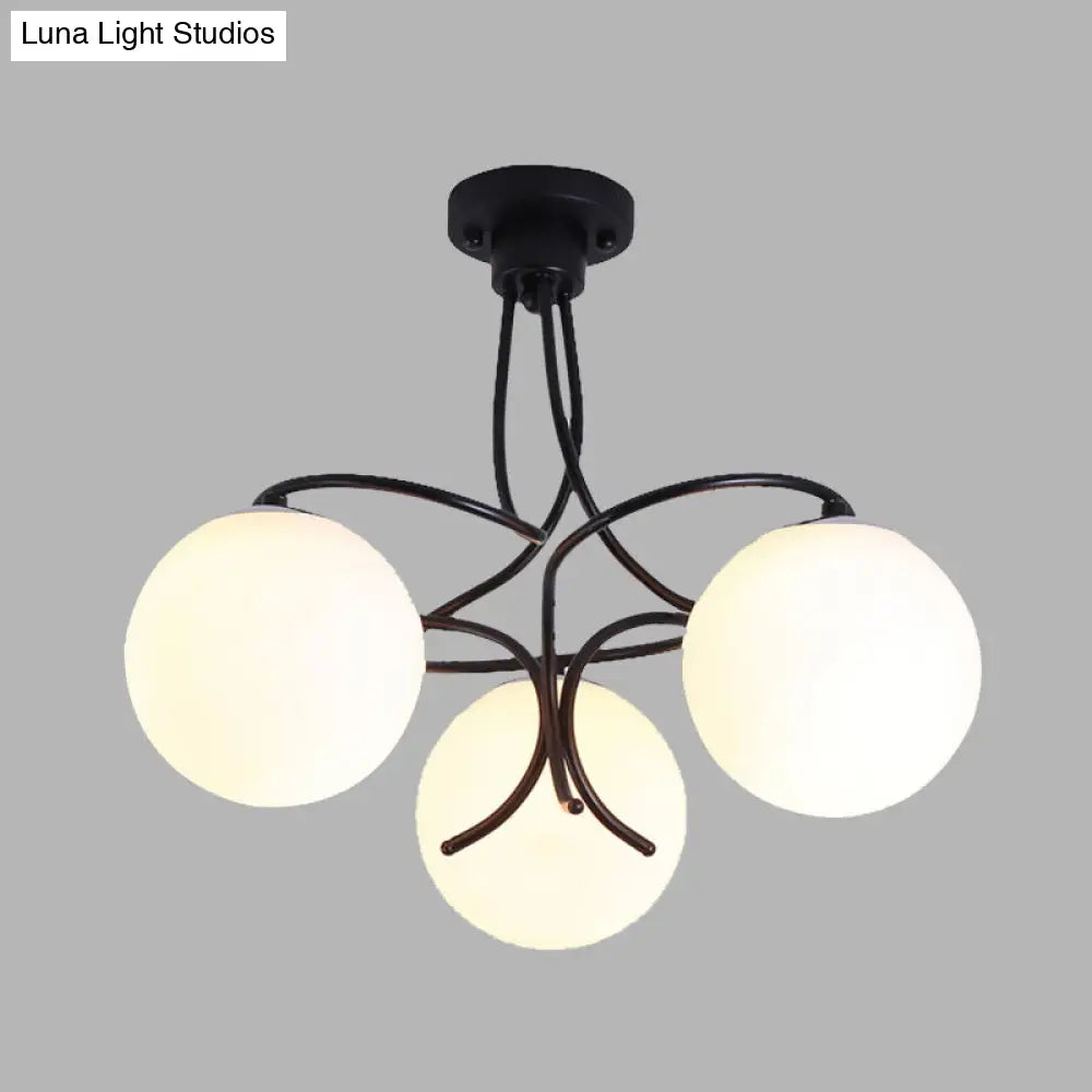 Traditional Milky Glass Semi Flush Ceiling Lamp - Black/White, 3/5 Lights for Living Room