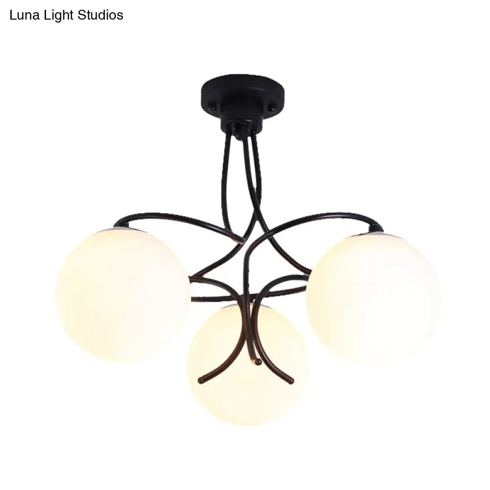 Traditional Milky Glass Semi Flush Ceiling Lamp - Black/White, 3/5 Lights for Living Room
