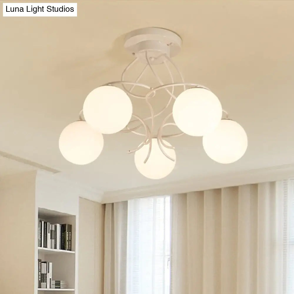 Traditional Milky Glass Semi Flush Ceiling Lamp - Black/White, 3/5 Lights for Living Room