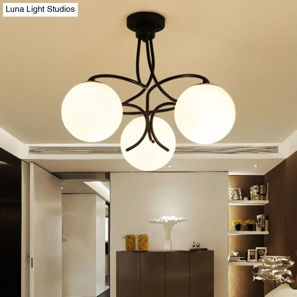 Traditional Milky Glass Semi Flush Ceiling Lamp - Black/White, 3/5 Lights for Living Room