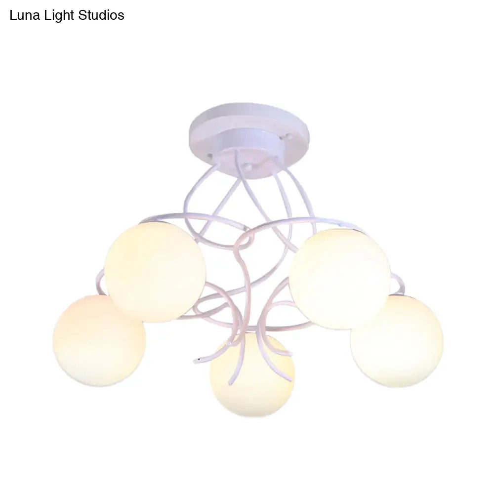 Traditional Milky Glass Semi Flush Ceiling Lamp - Black/White, 3/5 Lights for Living Room