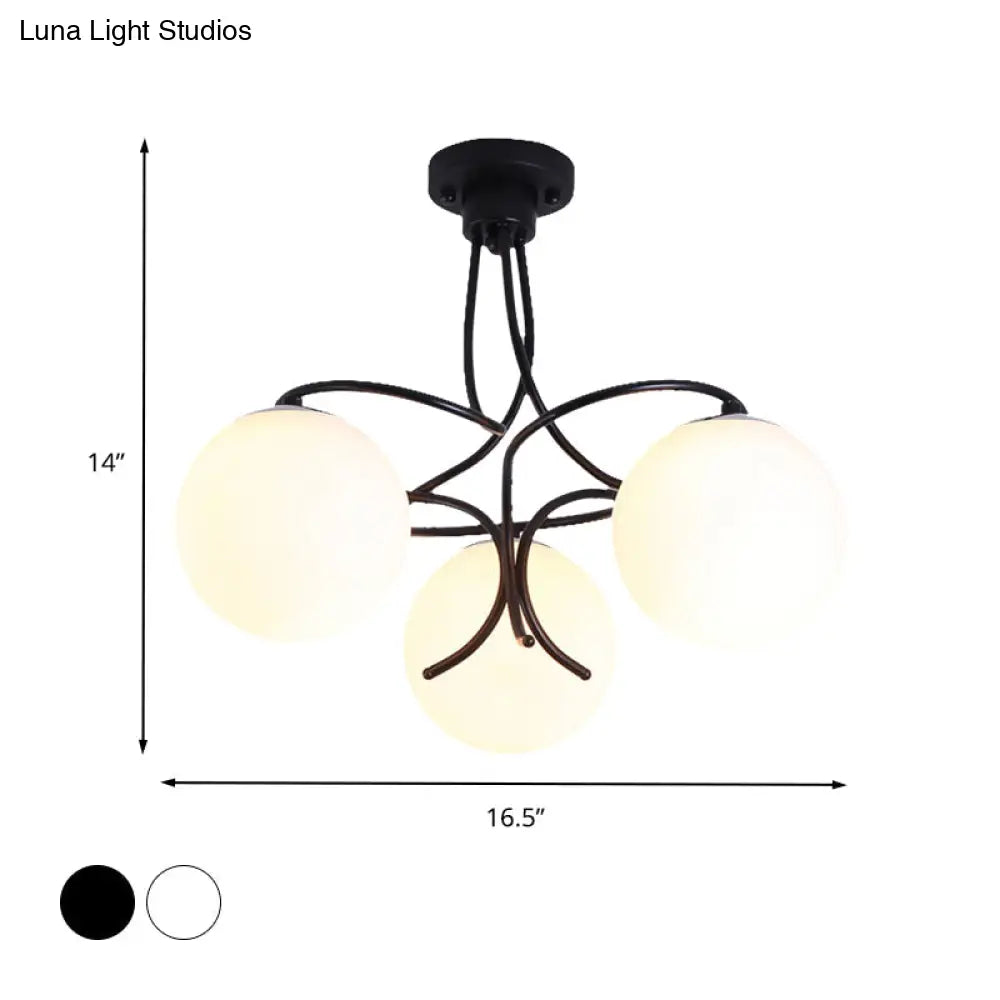 Traditional Milky Glass Semi Flush Ceiling Lamp - Black/White, 3/5 Lights for Living Room