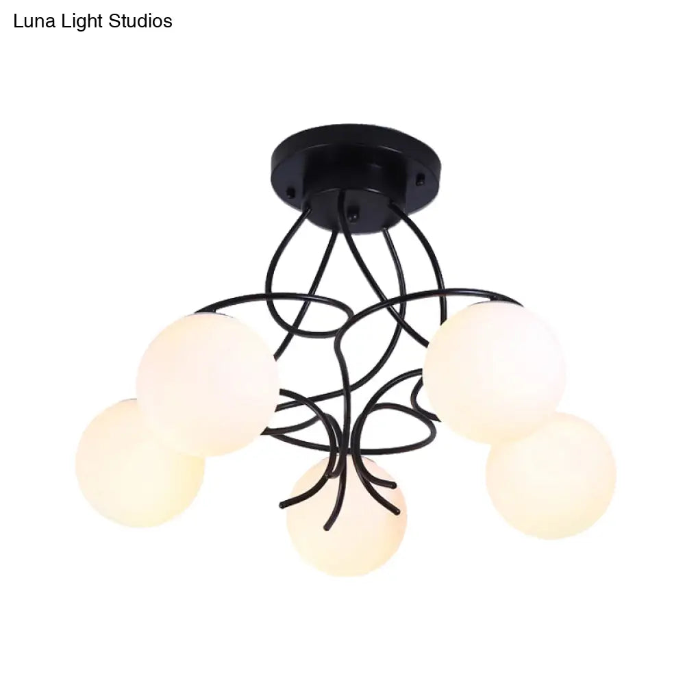 Traditional Milky Glass Semi Flush Ceiling Lamp - Black/White, 3/5 Lights for Living Room