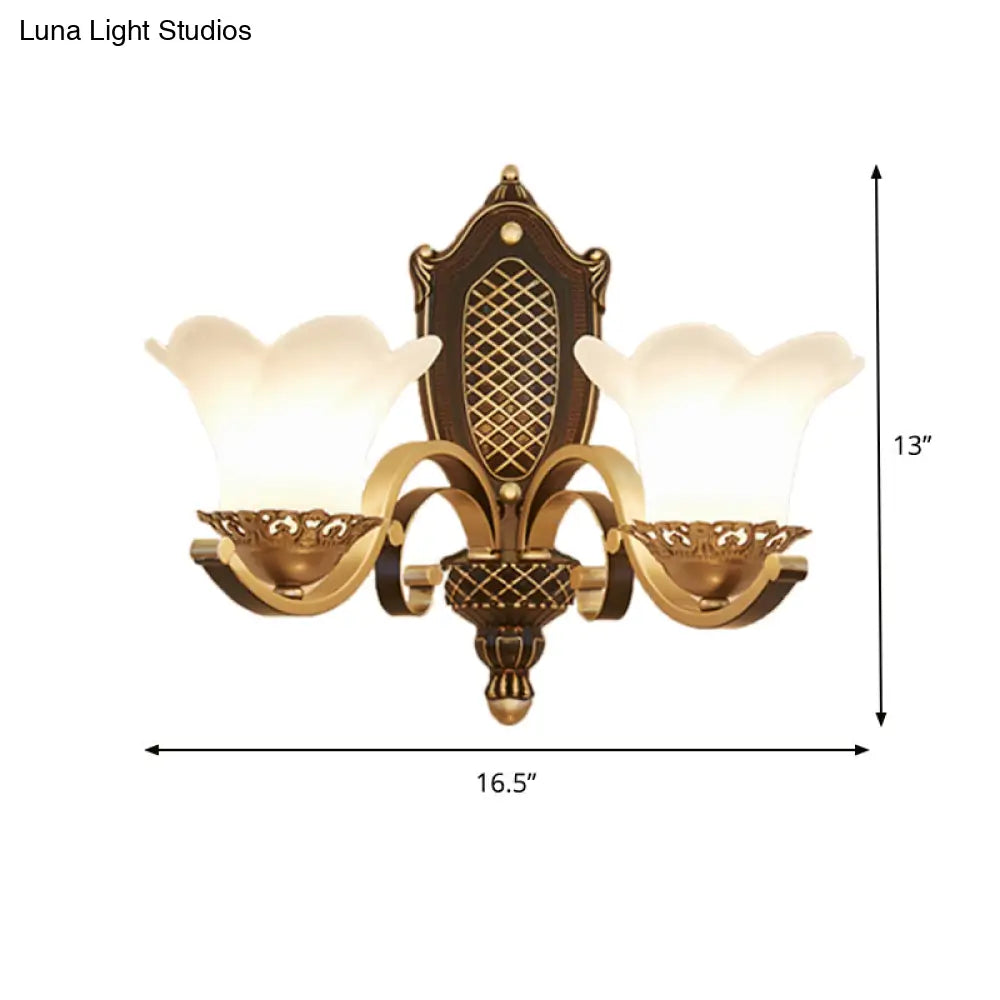 Traditional Opal Glass 2-Head Brass Wall Mount Bedroom Wall Light with Curved Arm