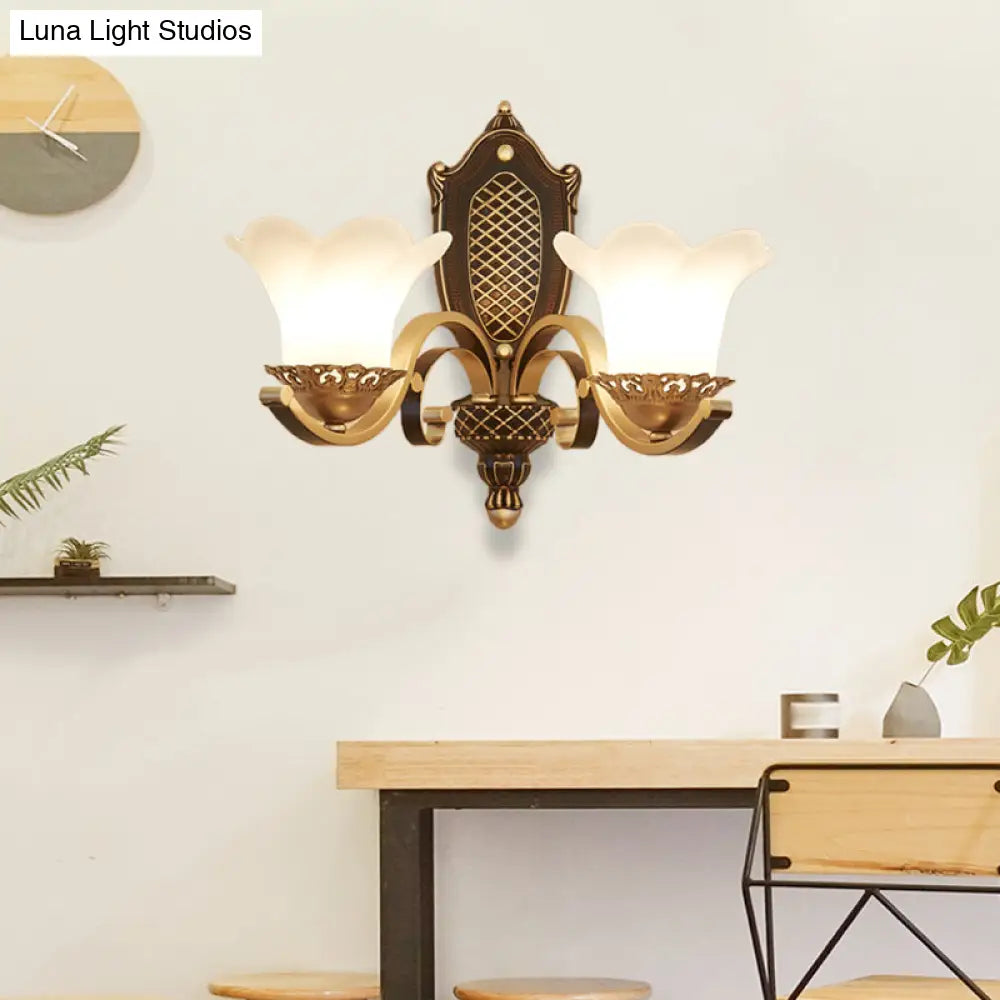 Traditional Opal Glass 2-Head Brass Wall Mount Bedroom Wall Light with Curved Arm