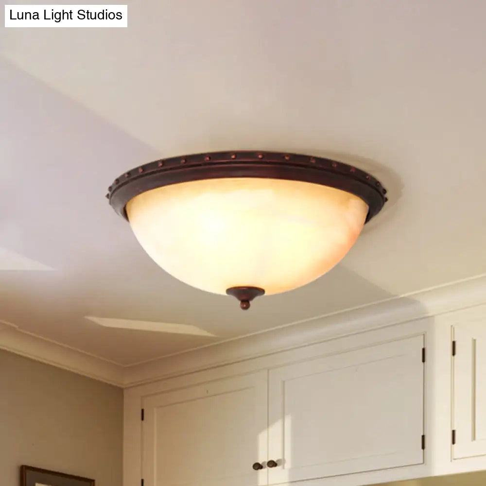 Traditional Opal Glass Bowl Flush Light Fixture - 2-Head Foyer Ceiling Flush Mount (Brown)