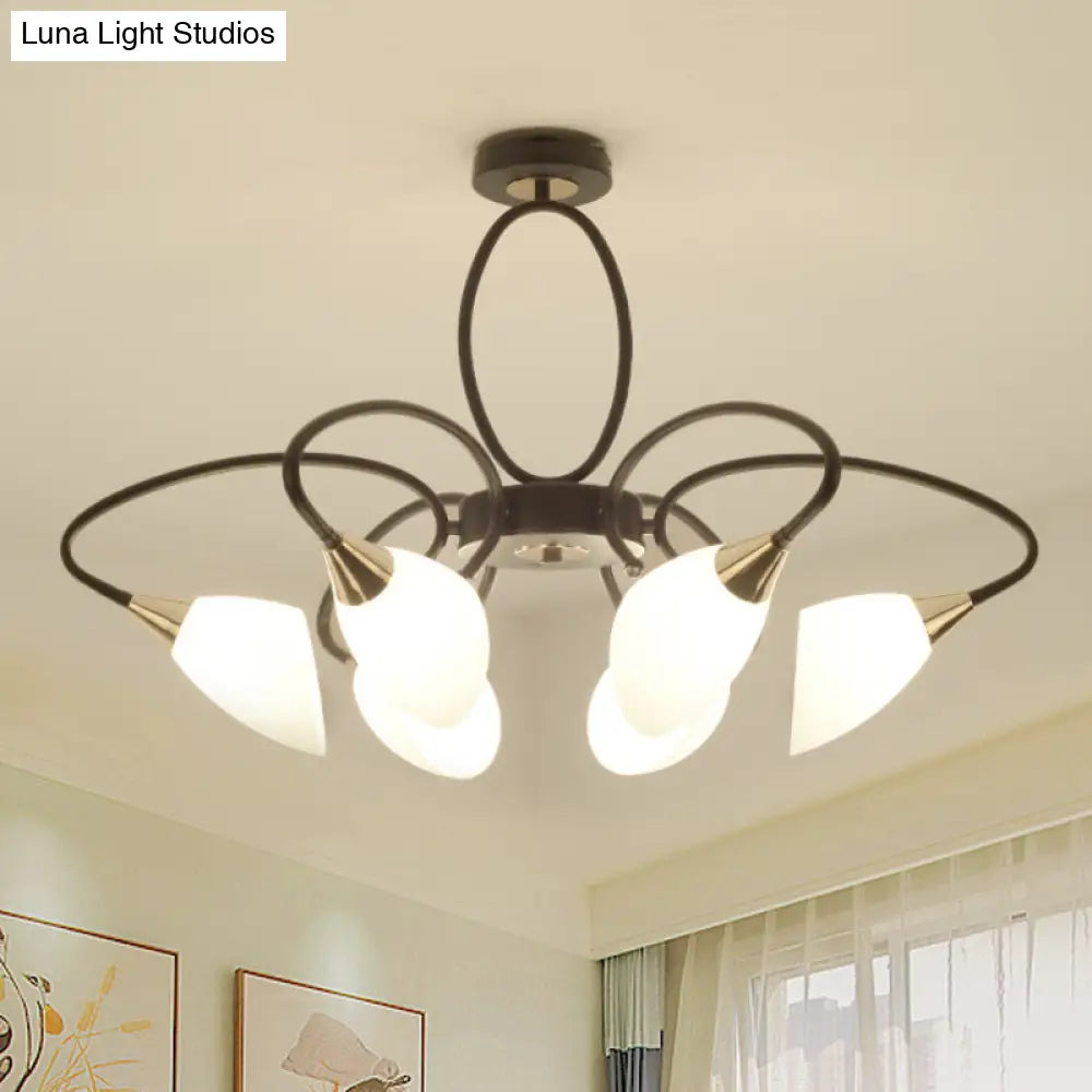Traditional Oval White Glass Semi Flush Mount Ceiling Light with 6/8 Lights - Black Finish for Living Room