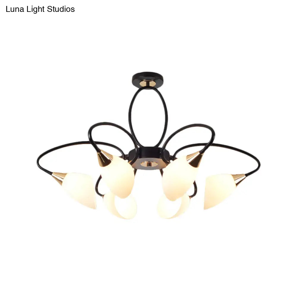 Traditional Oval White Glass Semi Flush Mount Ceiling Light with 6/8 Lights - Black Finish for Living Room