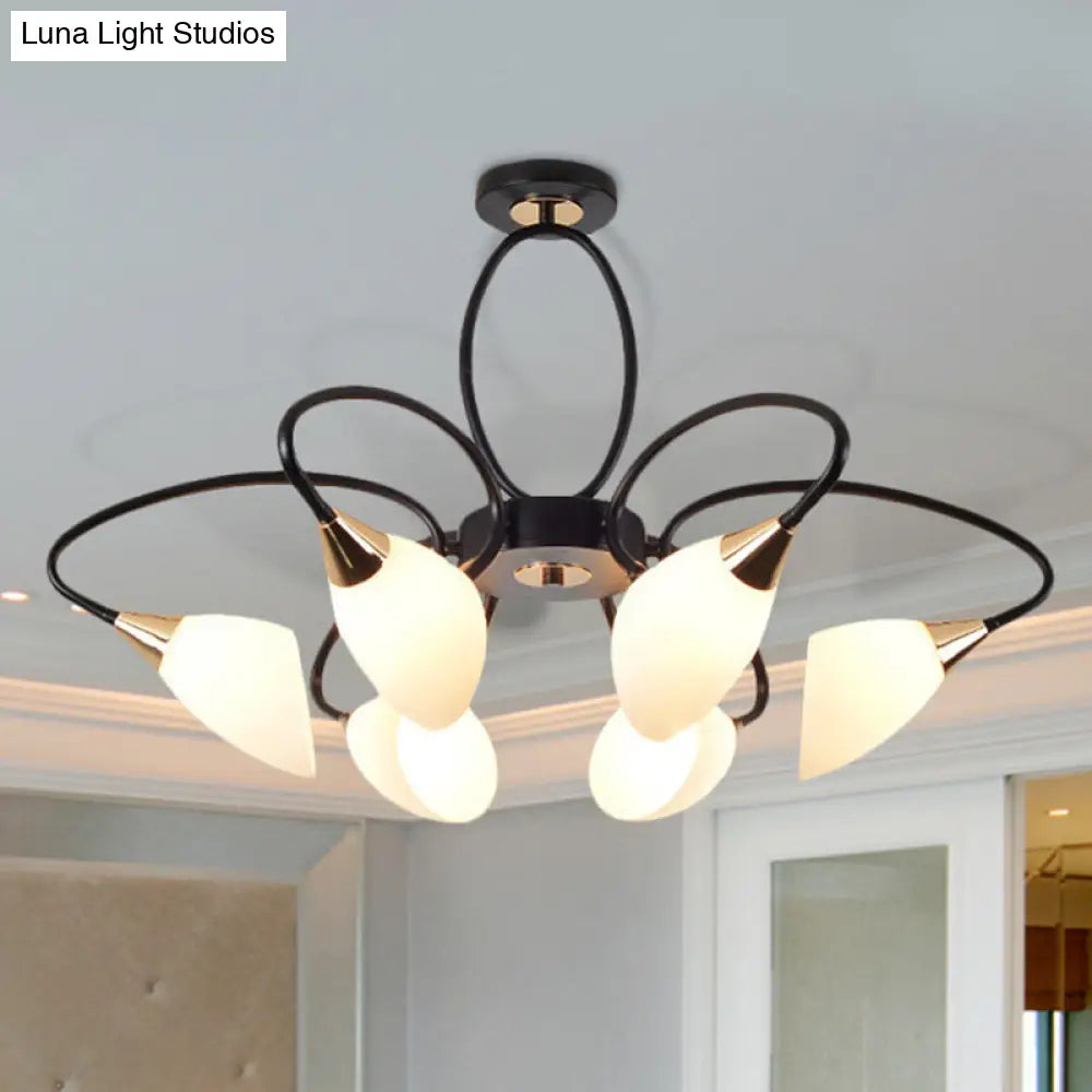 Traditional Oval White Glass Semi Flush Mount Ceiling Light with 6/8 Lights - Black Finish for Living Room