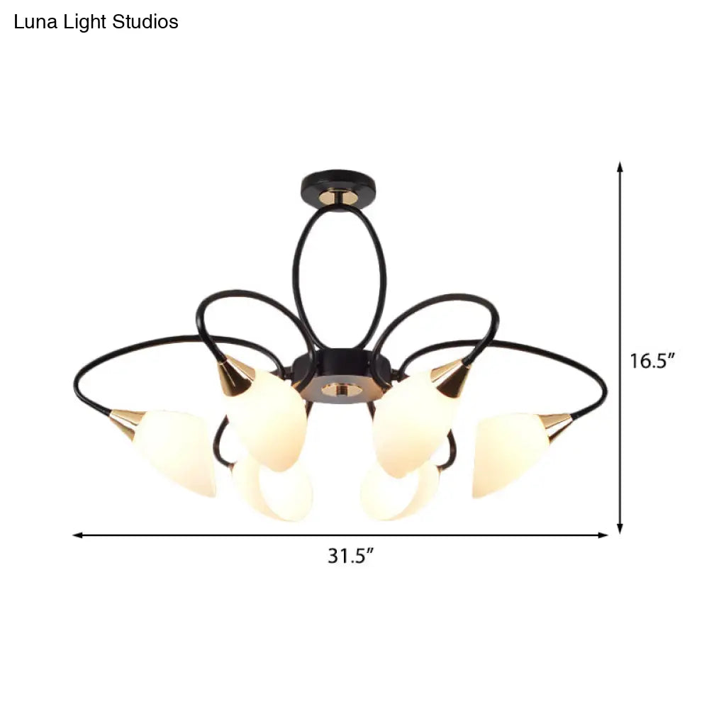 Traditional Oval White Glass Semi Flush Mount Ceiling Light with 6/8 Lights - Black Finish for Living Room