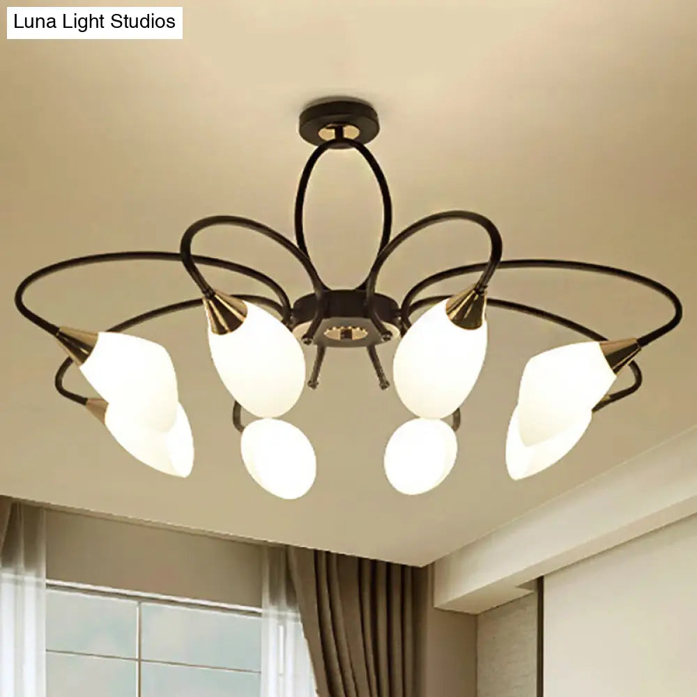 Traditional Oval White Glass Semi Flush Mount Ceiling Light with 6/8 Lights - Black Finish for Living Room