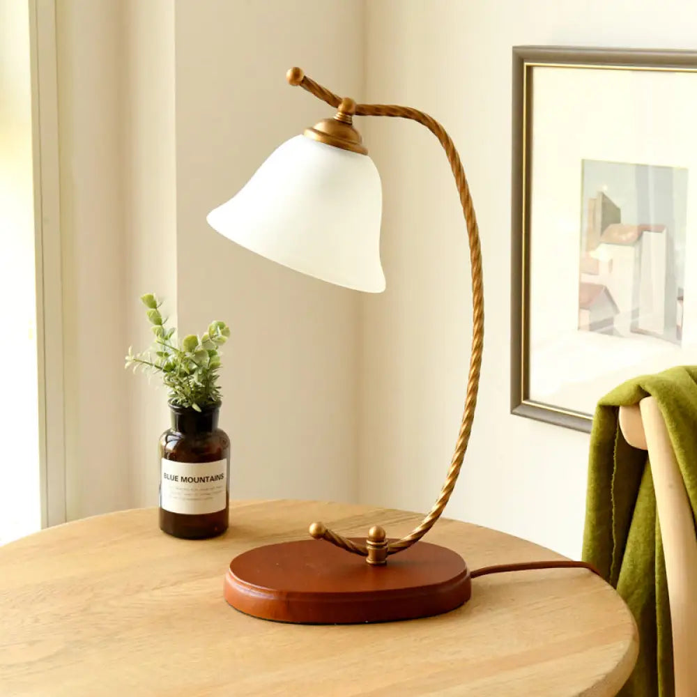 Traditional Red Brown Bedroom Desk Lamp - Study Light with White Glass Shade