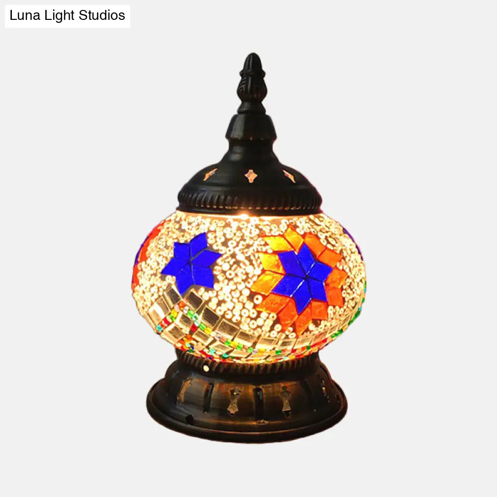 Traditional Red/Orange/Light Blue Stained Glass Nightstand Lamp for Bedroom