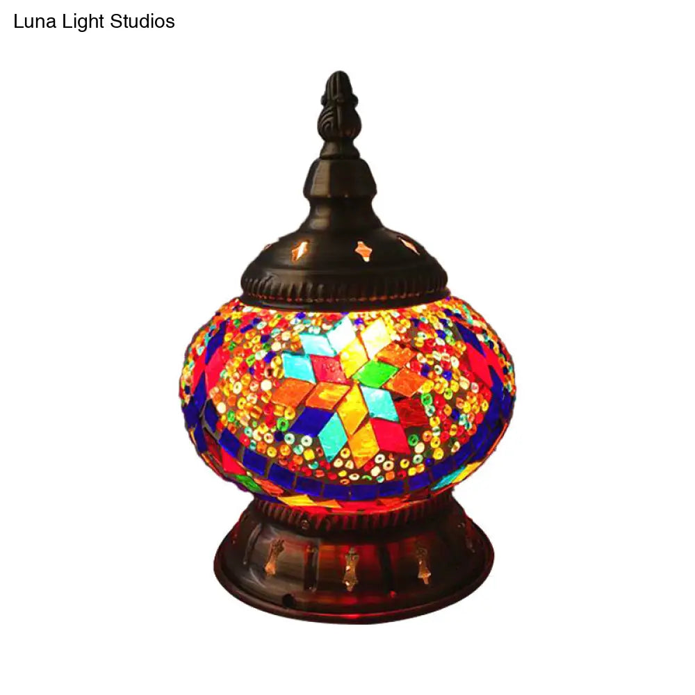 Traditional Red/Orange/Light Blue Stained Glass Nightstand Lamp for Bedroom