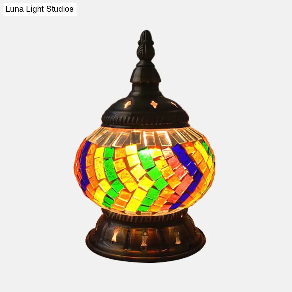 Traditional Red/Orange/Light Blue Stained Glass Nightstand Lamp for Bedroom