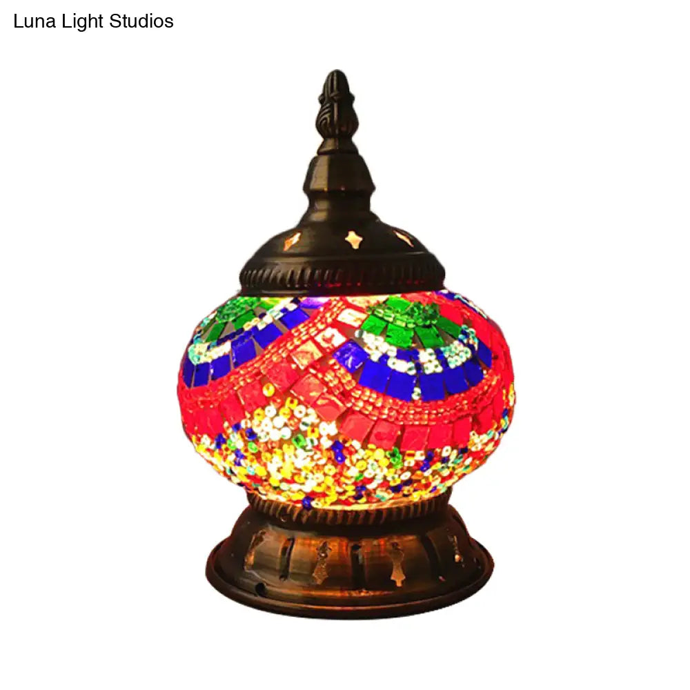 Traditional Red/Orange/Light Blue Stained Glass Nightstand Lamp for Bedroom