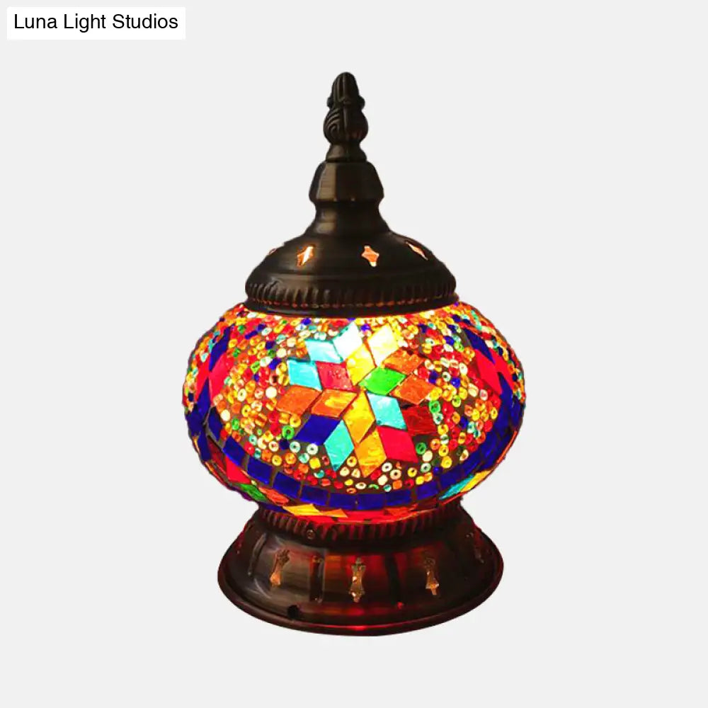 Traditional Red/Orange/Light Blue Stained Glass Nightstand Lamp for Bedroom