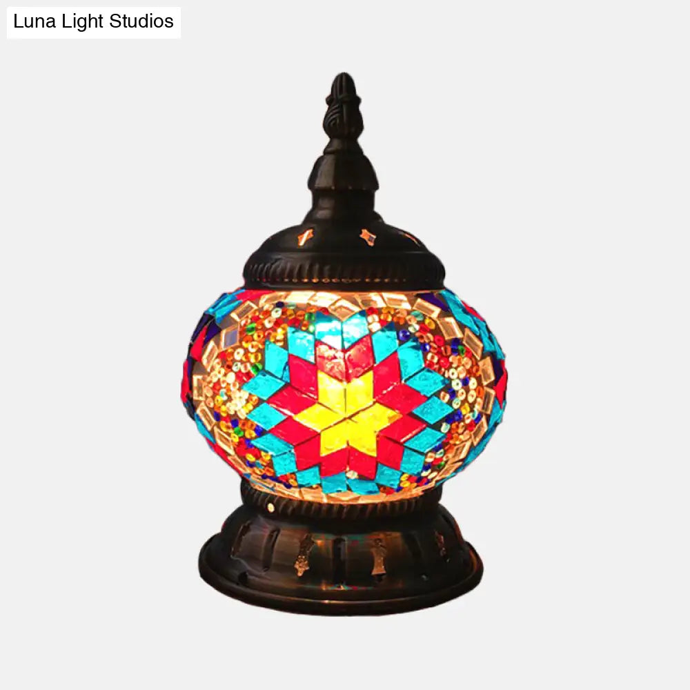 Traditional Red/Orange/Light Blue Stained Glass Nightstand Lamp for Bedroom
