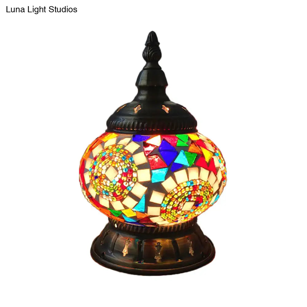 Traditional Red/Orange/Light Blue Stained Glass Nightstand Lamp for Bedroom