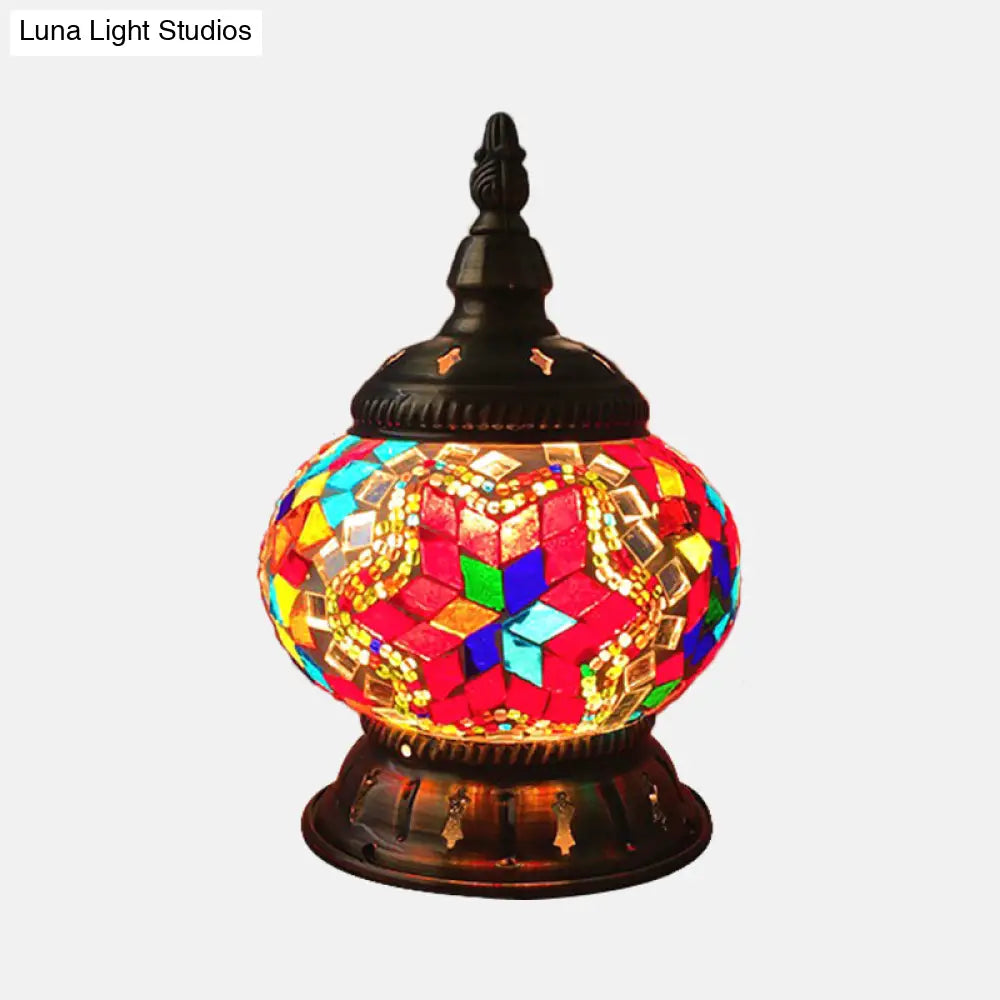 Traditional Red/Orange/Light Blue Stained Glass Nightstand Lamp for Bedroom