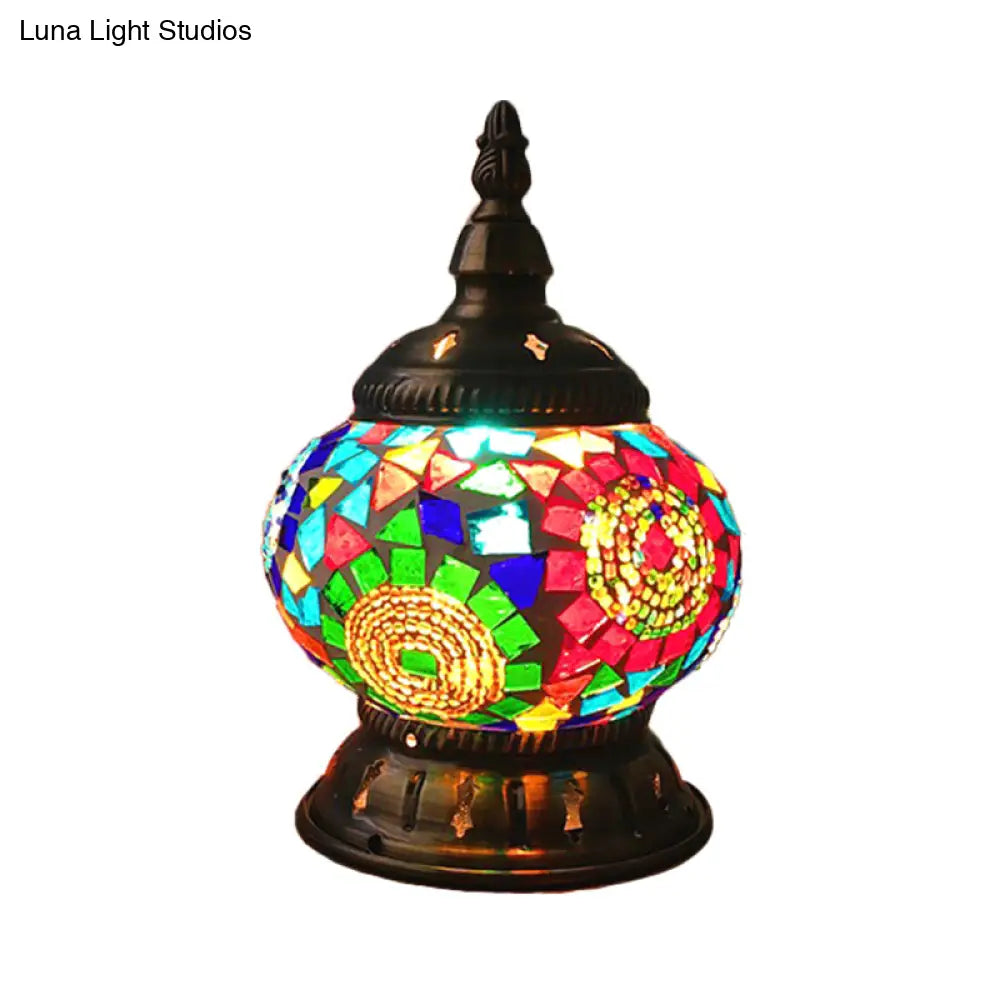 Traditional Red/Orange/Light Blue Stained Glass Nightstand Lamp for Bedroom
