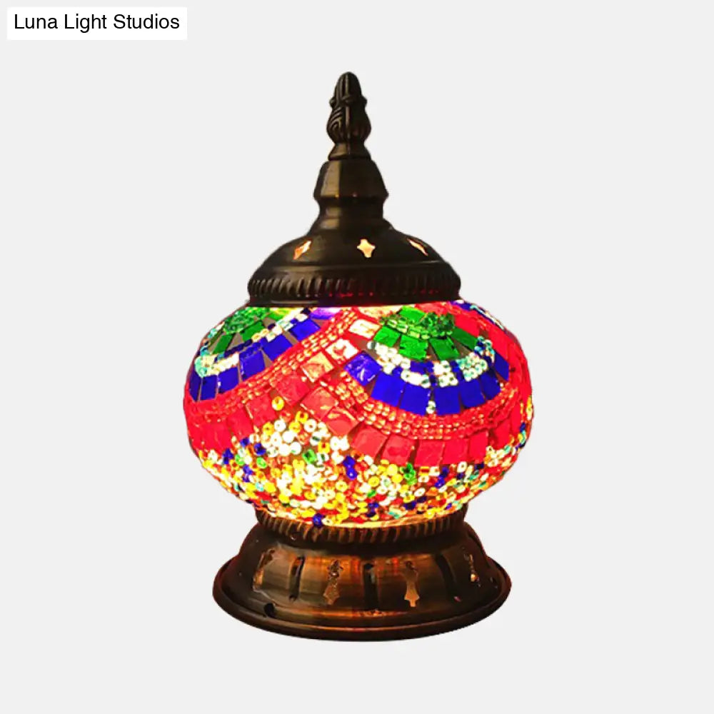 Traditional Red/Orange/Light Blue Stained Glass Nightstand Lamp for Bedroom