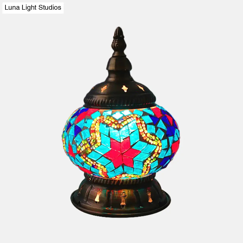Traditional Red/Orange/Light Blue Stained Glass Nightstand Lamp for Bedroom