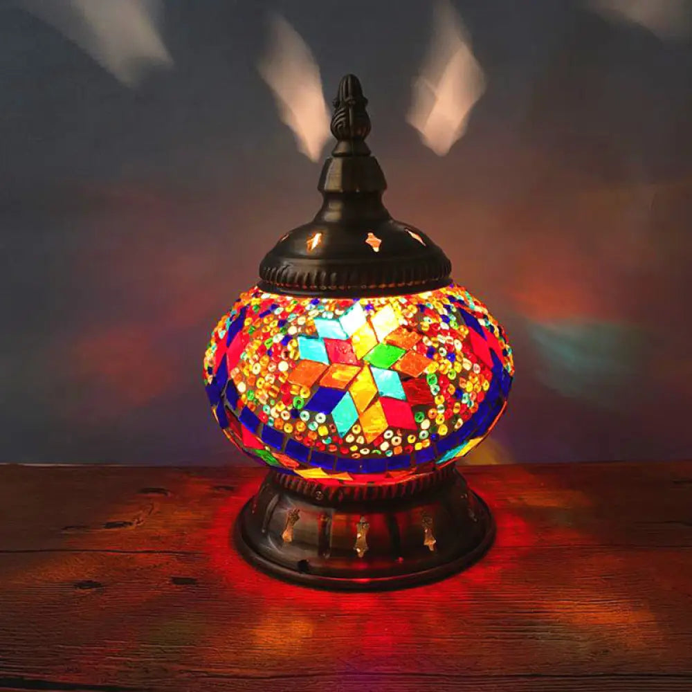 Traditional Red/Orange/Light Blue Stained Glass Nightstand Lamp for Bedroom
