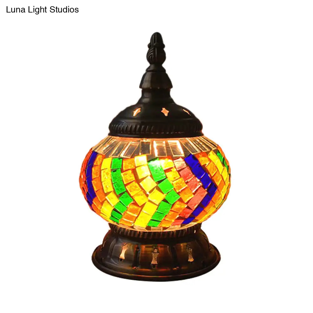 Traditional Red/Orange/Light Blue Stained Glass Nightstand Lamp for Bedroom