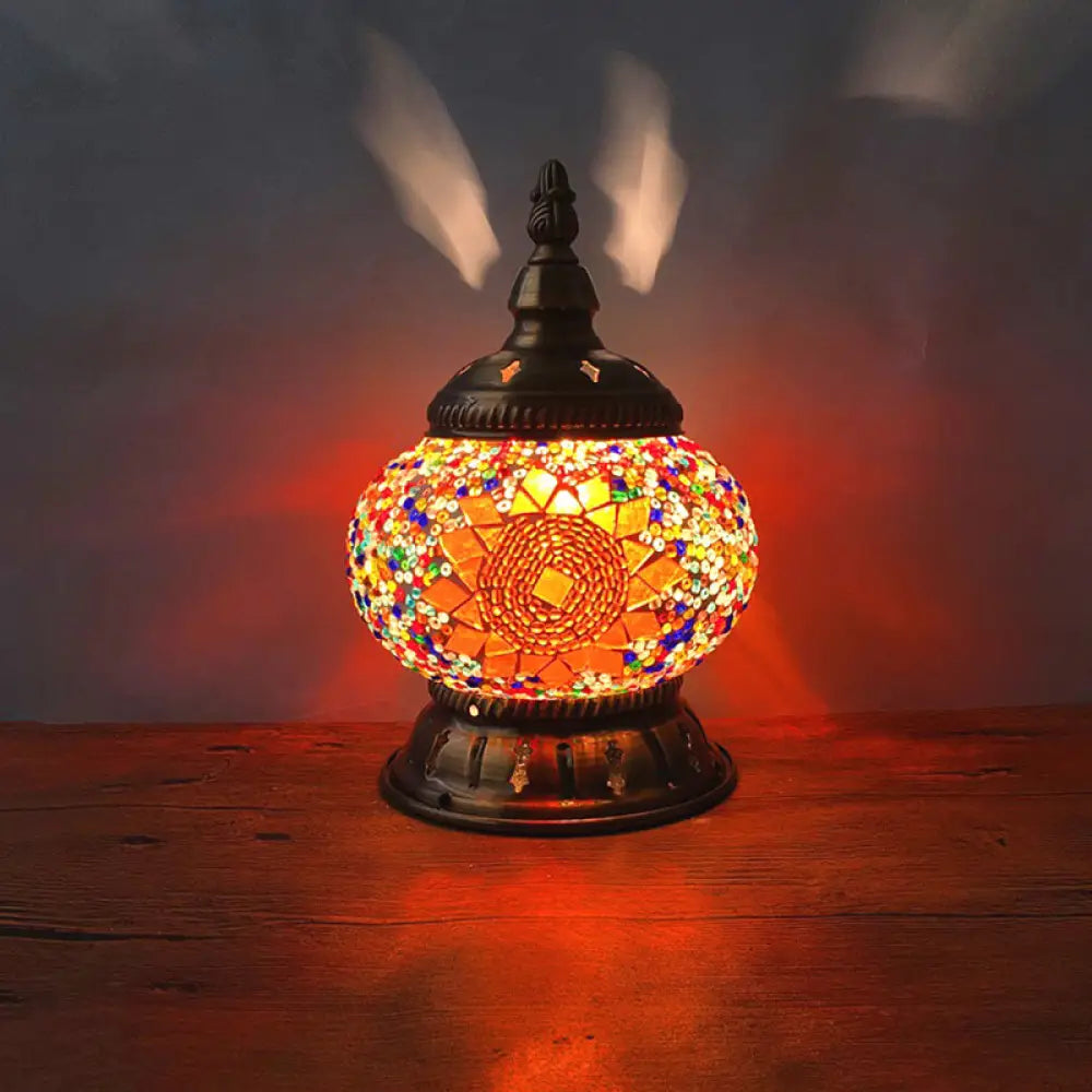 Traditional Red/Orange/Light Blue Stained Glass Nightstand Lamp for Bedroom