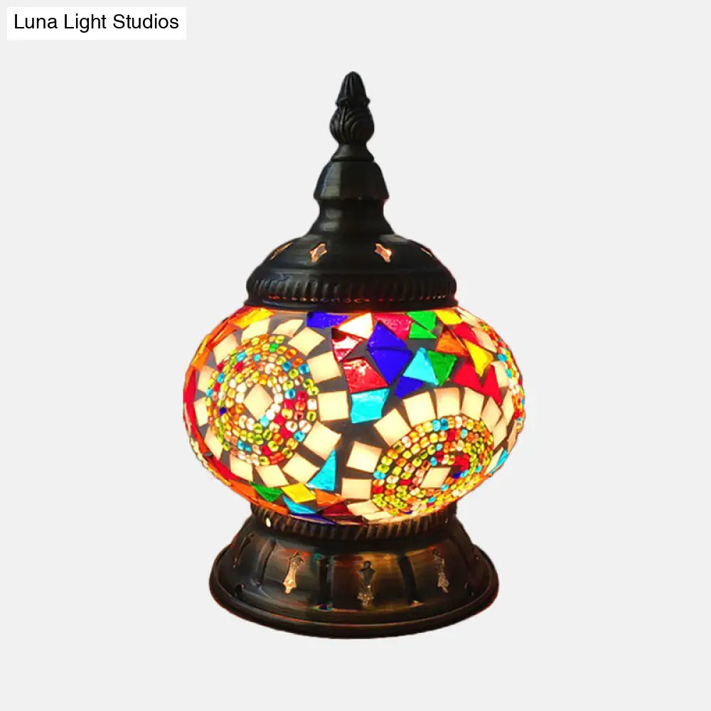 Traditional Red/Orange/Light Blue Stained Glass Nightstand Lamp for Bedroom