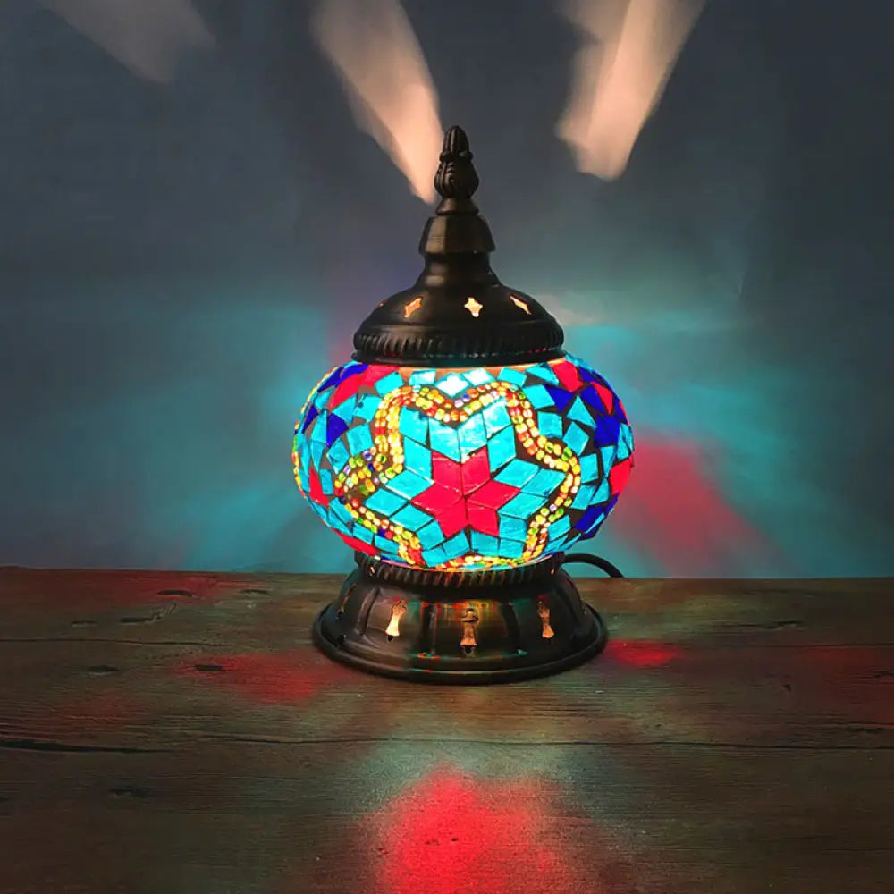 Traditional Red/Orange/Light Blue Stained Glass Nightstand Lamp for Bedroom