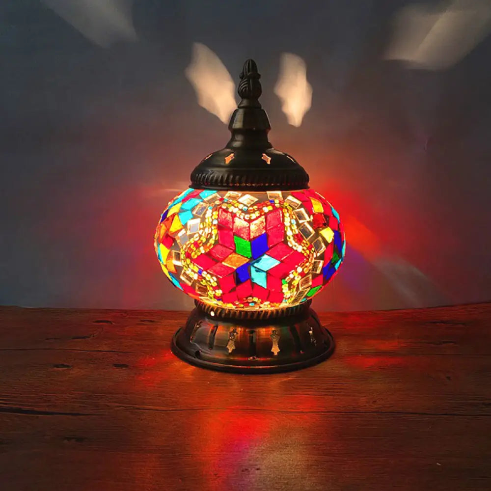Traditional Red/Orange/Light Blue Stained Glass Nightstand Lamp for Bedroom