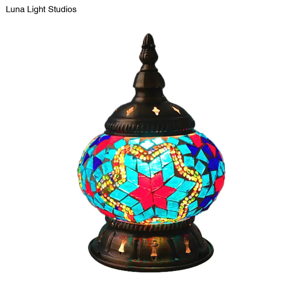 Traditional Red/Orange/Light Blue Stained Glass Nightstand Lamp for Bedroom